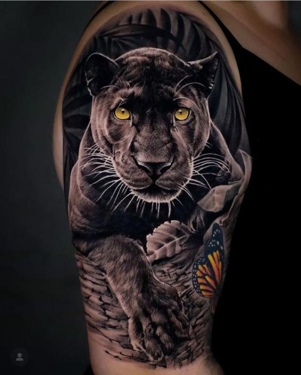 Realistic black panther with butterfly tattoo half sleeve