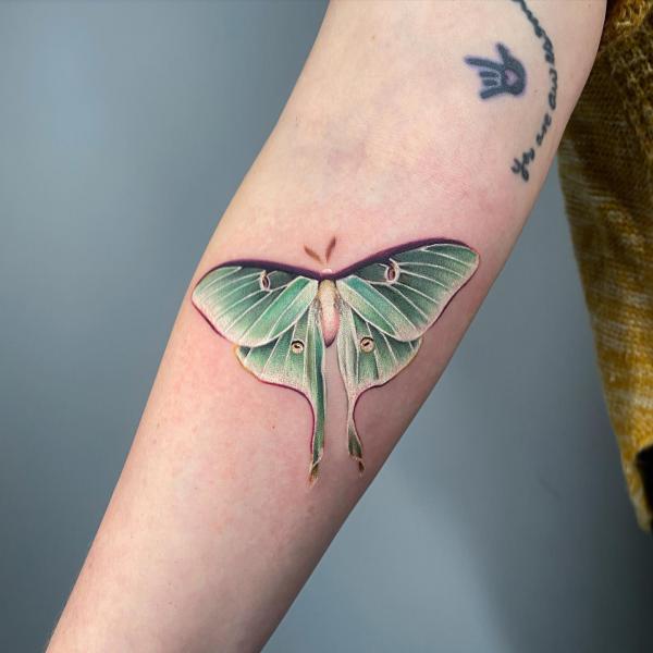 Realistic luna moth inner forearm tattoo