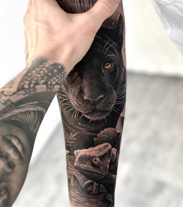 Realistic panther and Chameleon tattoo