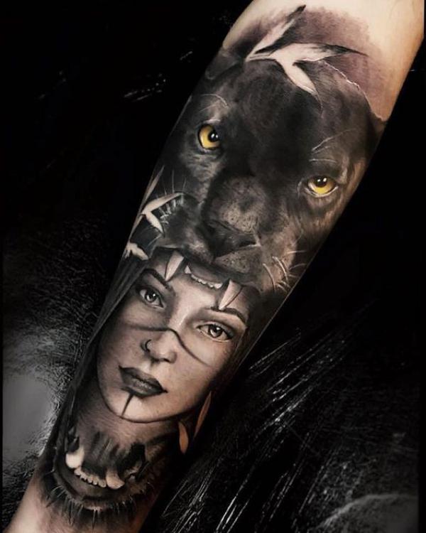 Realistic panther head and woman tattoo forearm