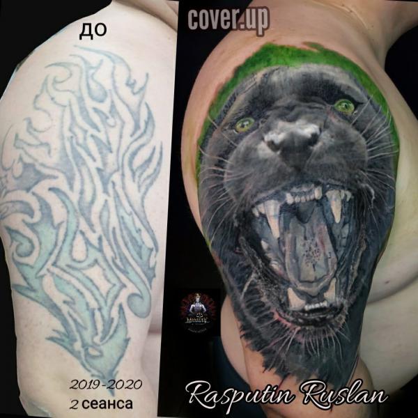 Realistic panther head tattoo cover up