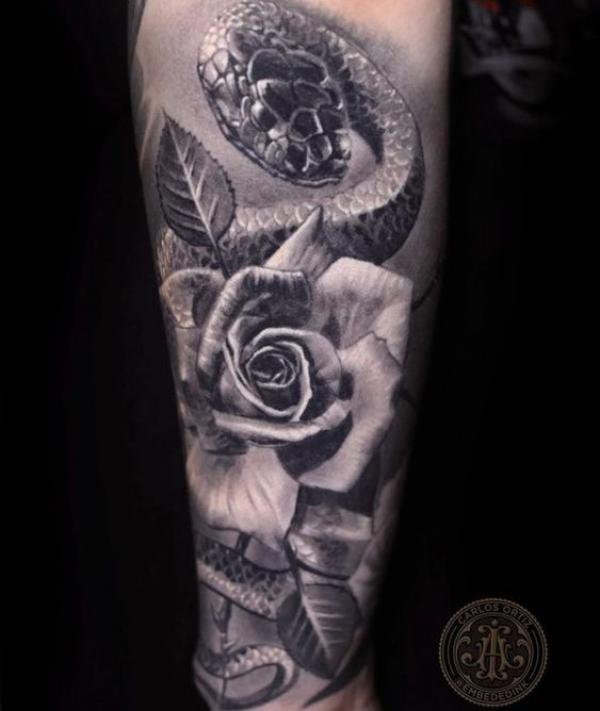 Realistic rose and snake tattoo greyscale