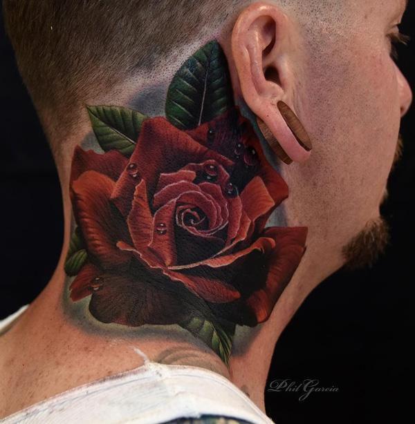 Red rose side neck tattoo