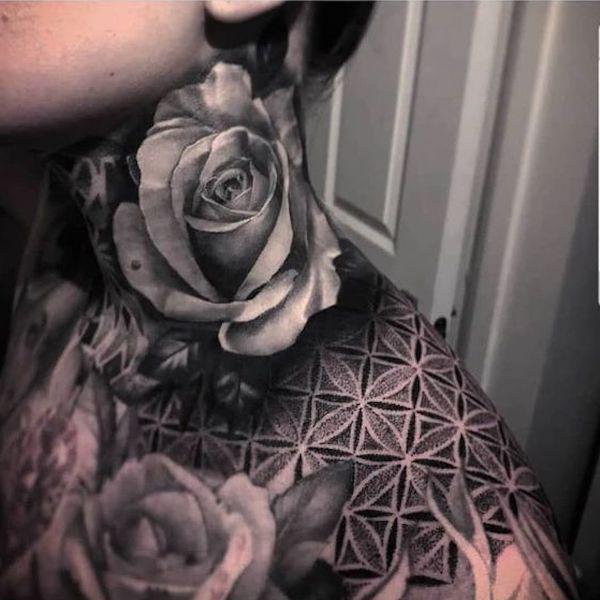 Rose on flower of life tattoo on neck and shoulder