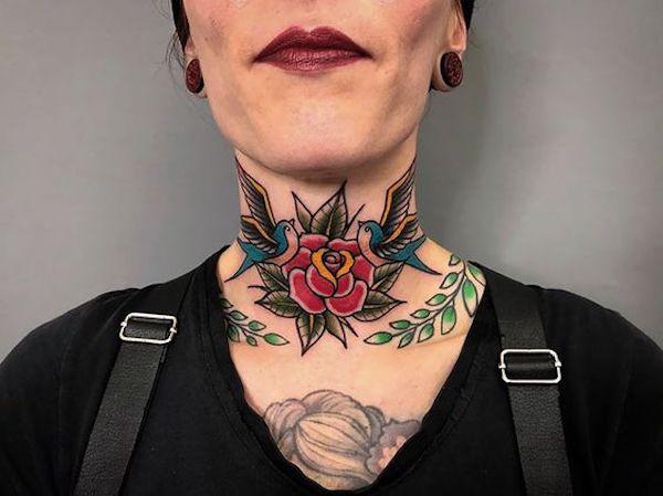 Rose with swallow pair tattoo throat tattoo traditional