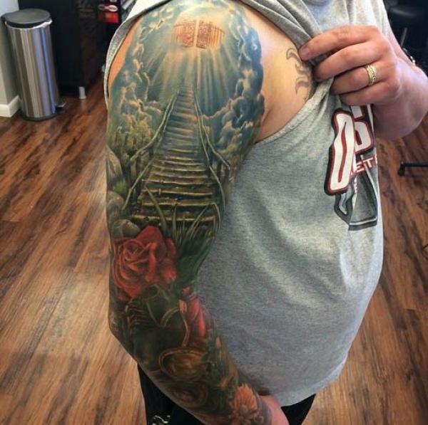 Roses and Staircase to heaven tattoo sleeve