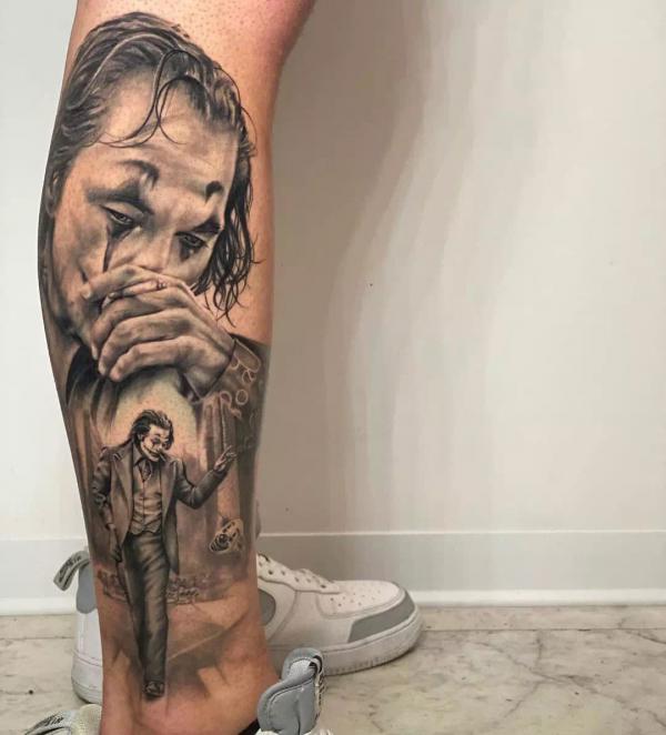 Sad Joker leg tattoo