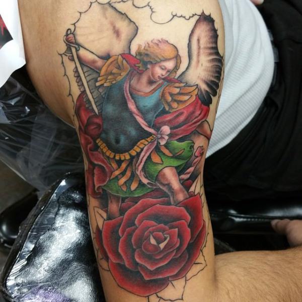 Saint Michael and rose tattoo