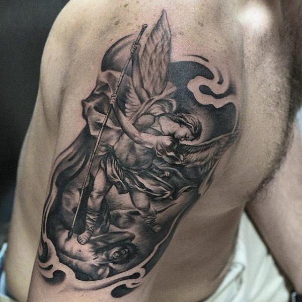 Saint Michael quarter sleeve tattoo