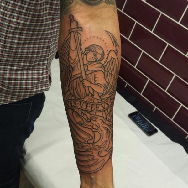 Saint michael fighting dragon line work tattoo