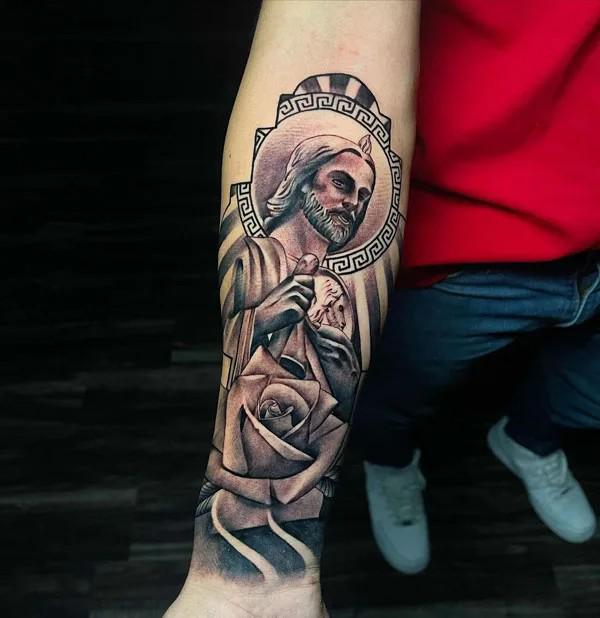 San Judas with Greek Key and rose tattoo