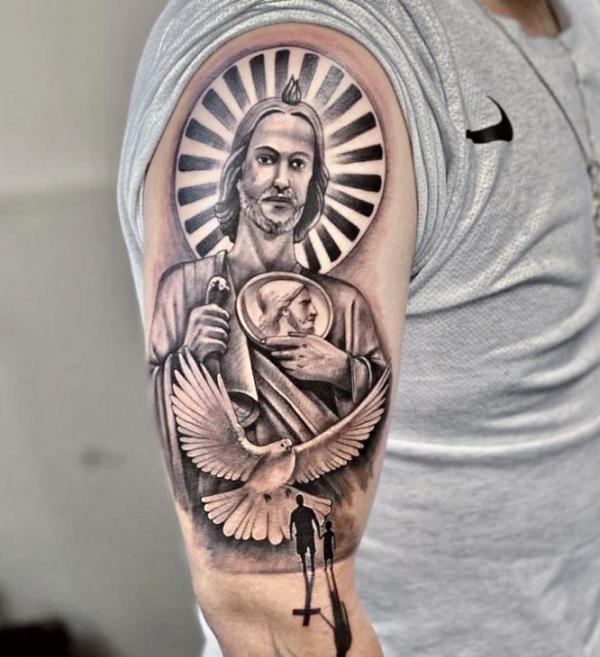 San Judas with dove and father holding son tattoo