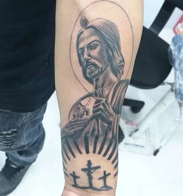 San Judas with three crosses tattoo