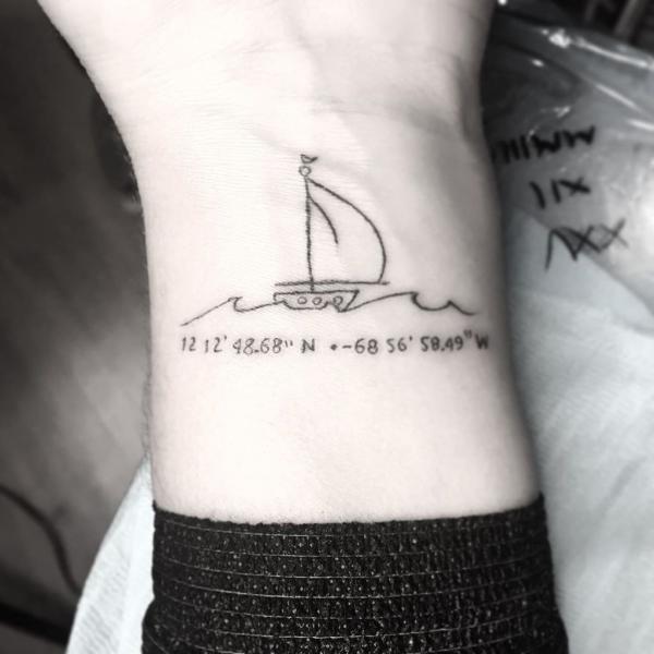 Simple boat with coordinates tattoo
