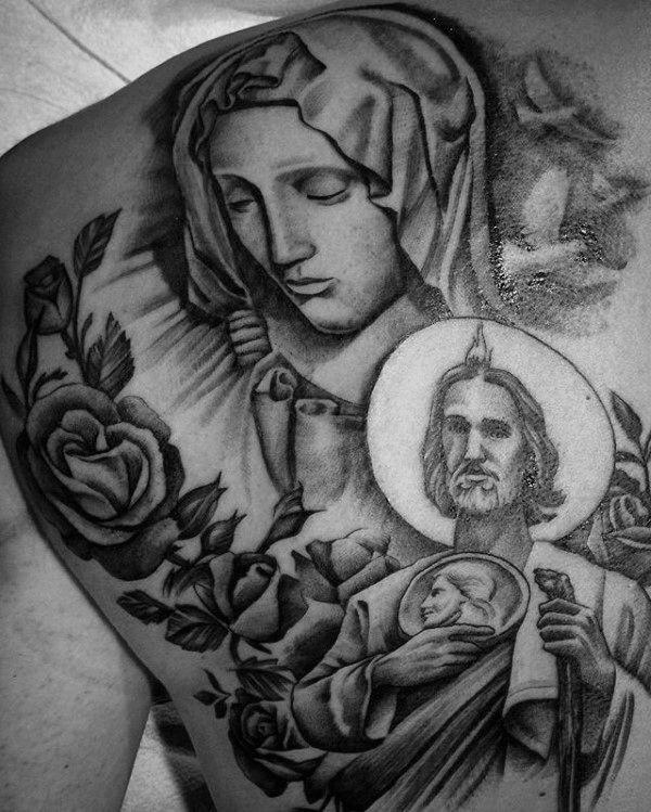 Sketchy San Judas and Virgin Mary back tattoo