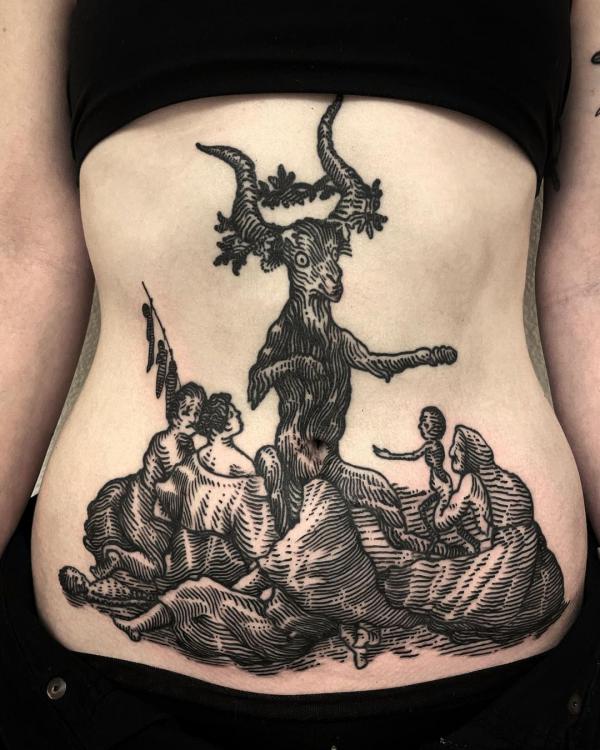 Sketchy Witches Sabbath stomach tattoo