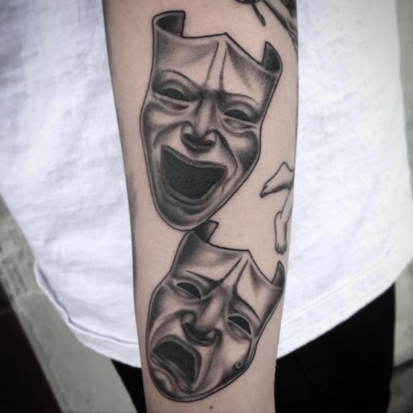 Smile Now Cry Later masks Tattoo dotwork
