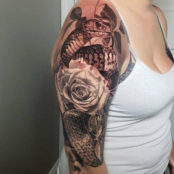 Snake and rose half sleeve tattoo realistic