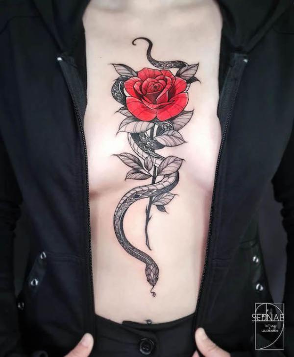 Elegant Rose Sternum Tattoo