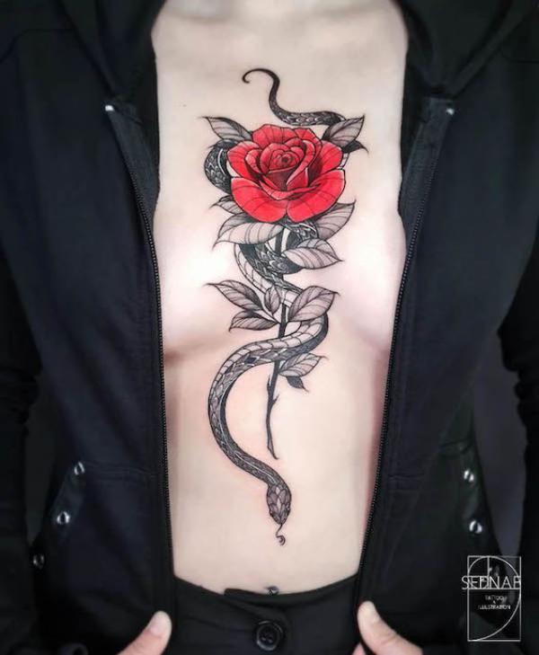 Snake and rose sternum tattoo