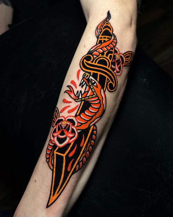 Snake and rose with knife bold line tattoo traditional