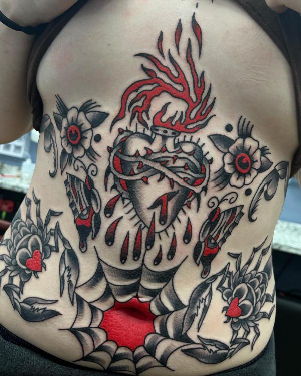 Spider web and sacred heart with scorpions abdomen tattoo traditional