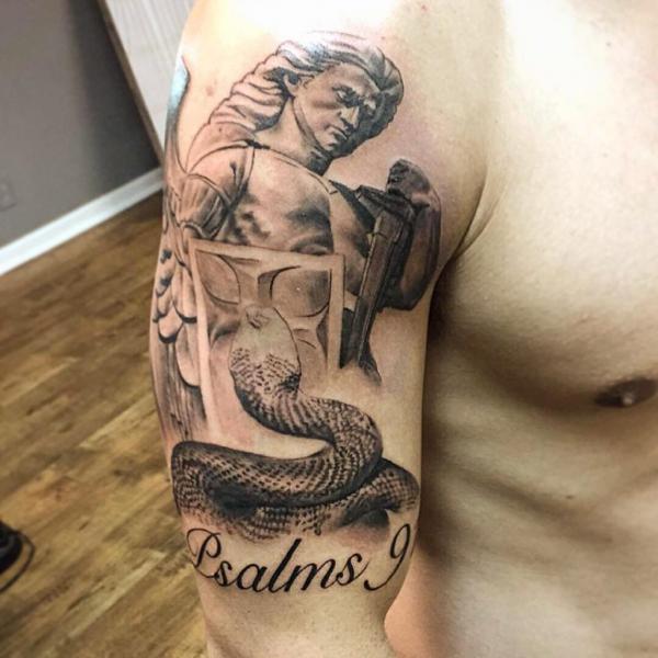 St Michael fighting snake tattoo with phrase psalms 91
