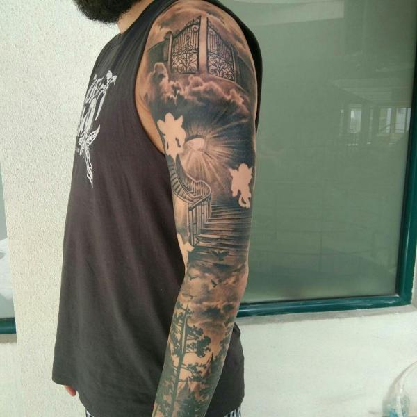 Staircase to heaven full sleeve tattoo