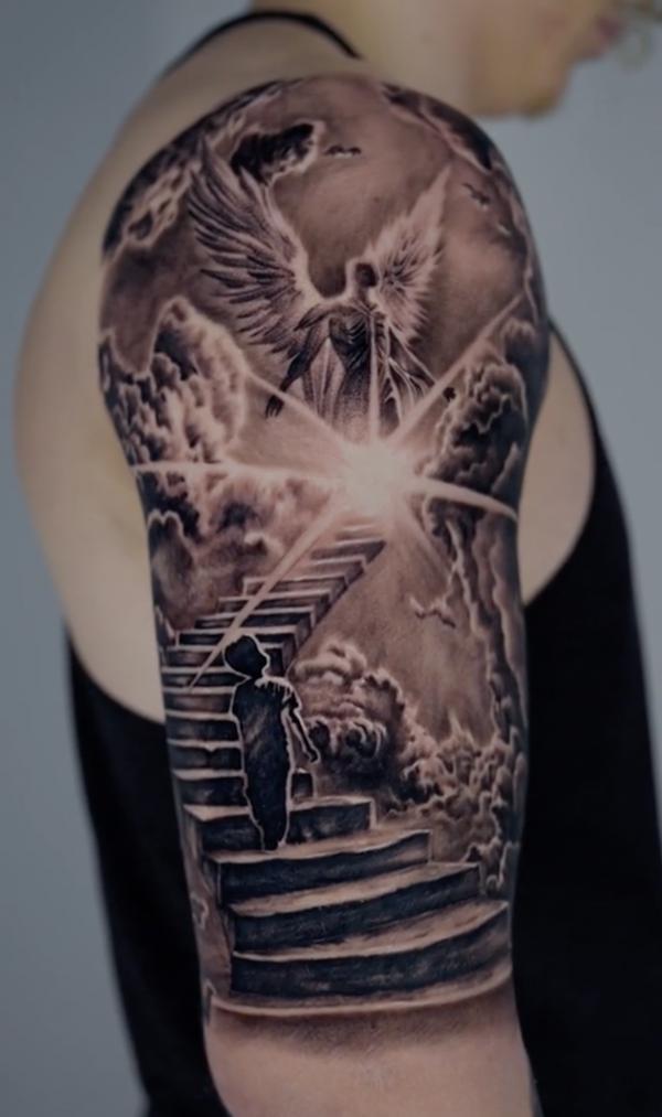 Staircase to heaven with Guardian angel tattoo
