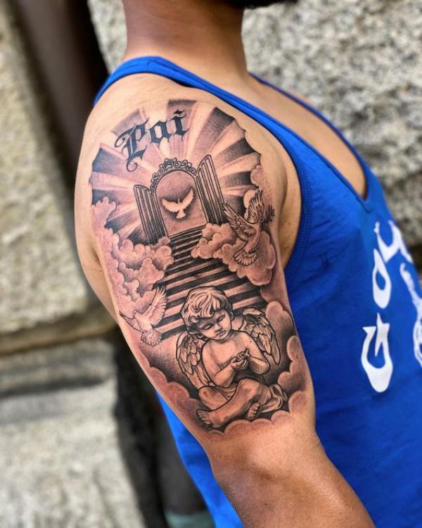 Staircase to heaven with cherub tattoo