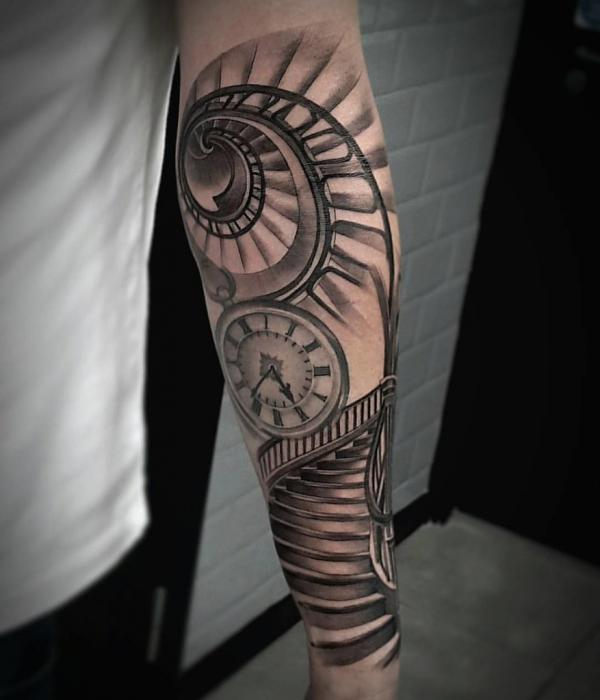 Staircase to heaven with clock forearm tattoo