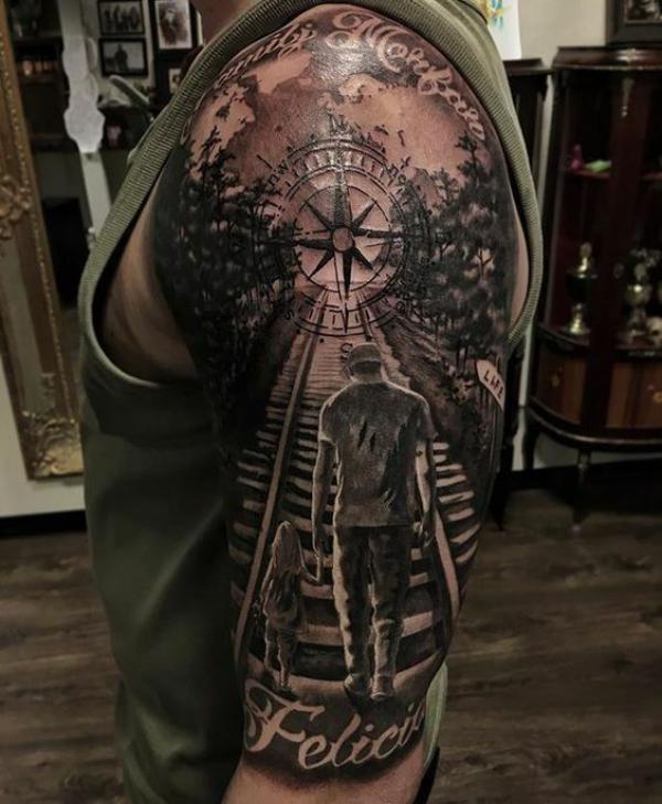 Staircase to heaven with compass and name tattoo