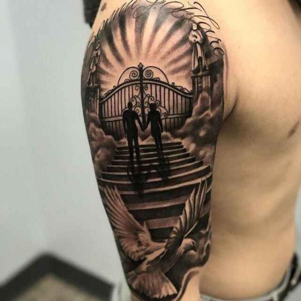 Staircase to heaven with dove and halo tattoo
