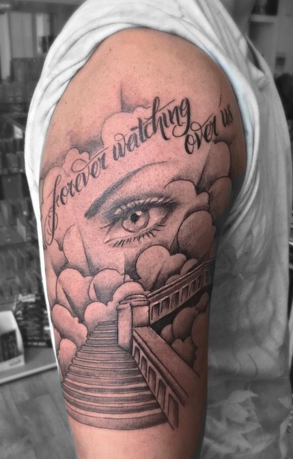 Staircase to heaven with eye and phrases Forever Watching Over tattoo