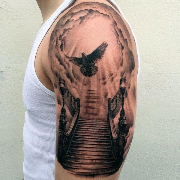 Staircase to heaven with flying eagle half sleeve tattoo