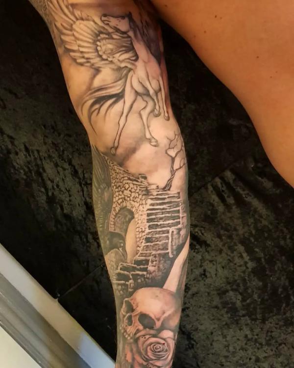 Staircase to heaven with flying horse and skull tattoo