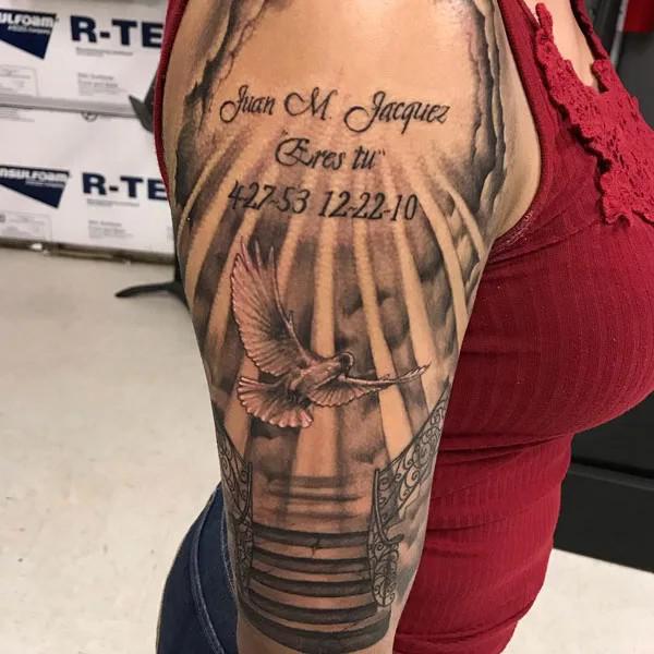 Staircase to heaven with name and date tattoo