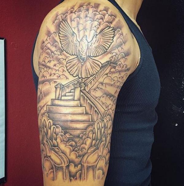 Stairway to heaven in cloulds and with dove tattoo