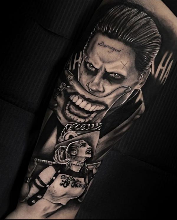 Suicide squad joker and Harley Quinn tattoo sleeve