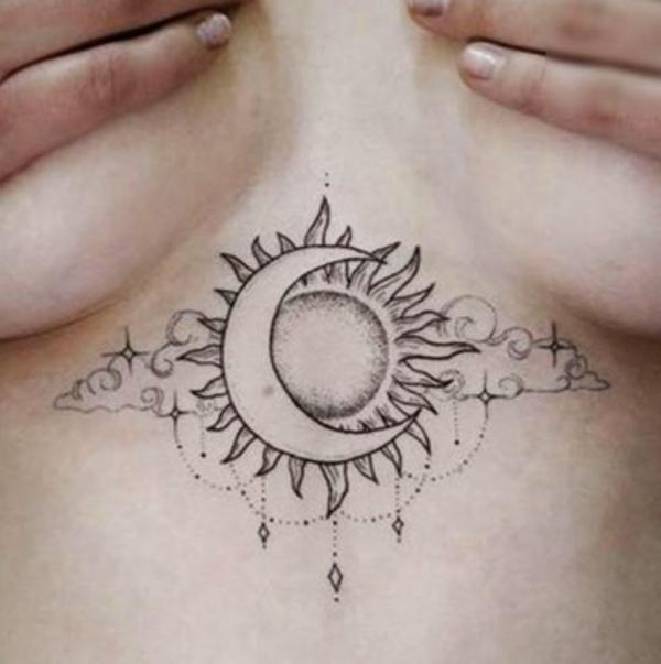 Sun and moon sternum tattoo