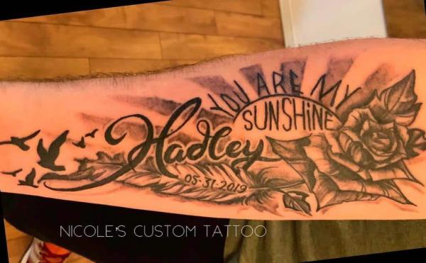 Sun and rose you are my sunshine forearm tattoo with name and date