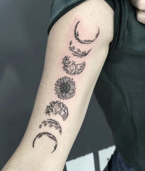 Sunflower and leaves Moon phases tattoo