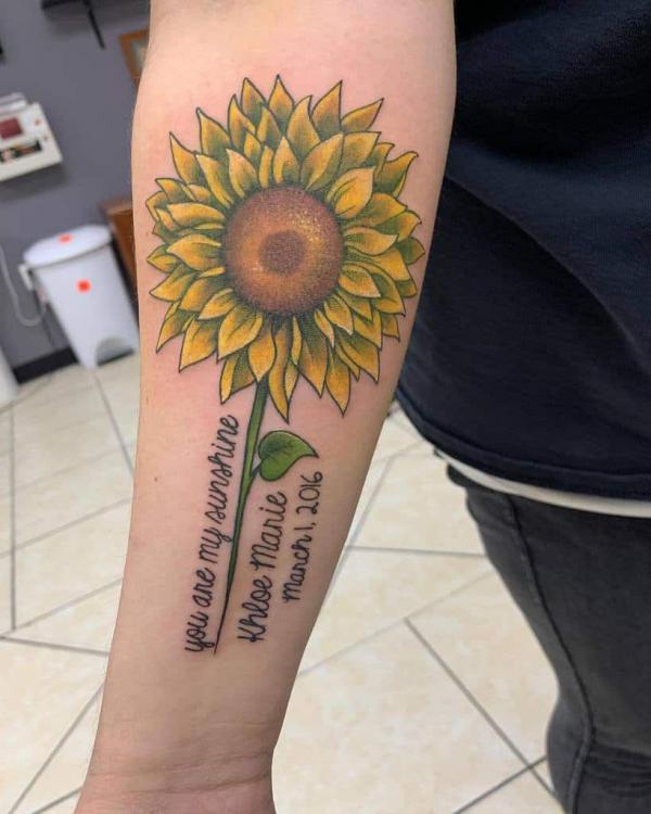 Sunflower you are my sunshine tattoo with name and date