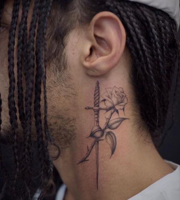Sword with rose neck tattoo
