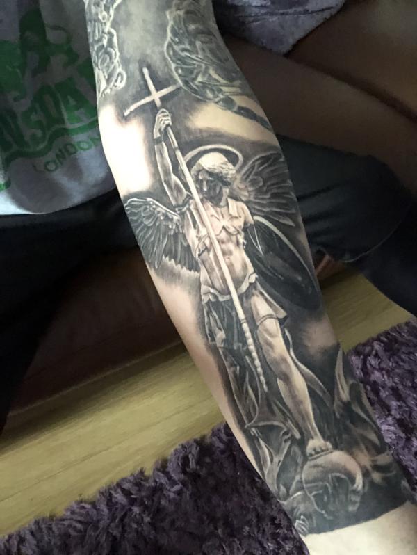 The blackwork The Fall of the Rebel Angels tattoo