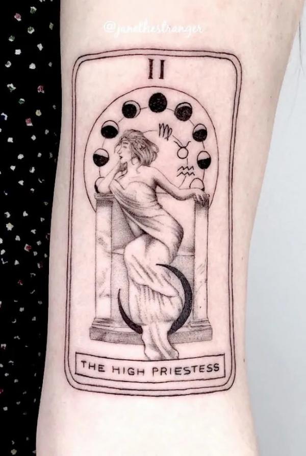 The high Priestess with moon phase and Virgo Taurus and Aquarius Zodiac signs tattoo