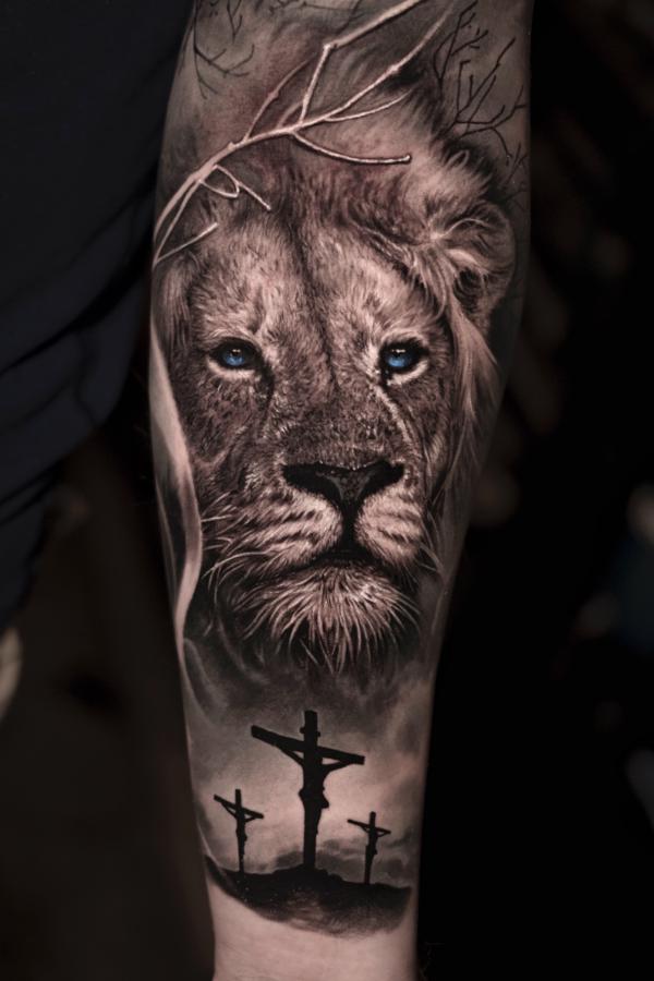 Three cross and lion with cross tattoo sleeve