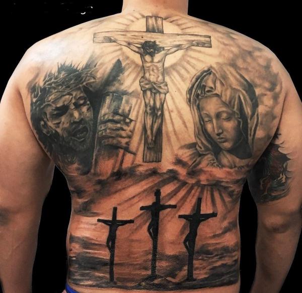 Three cross with Jesus and Mary back tattoo
