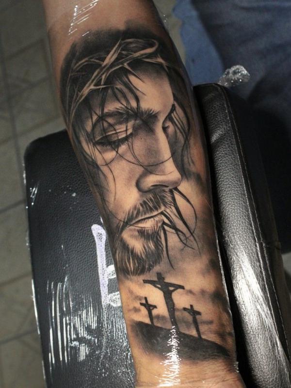 Three cross with Jesus tattoo