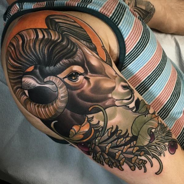 Traditional Aries ram half sleeve tattoo